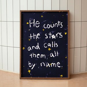 Psalm 147:4 He Counts The Stars and calls them all by name, Hand illustration Modern Bible Verse Wall Art, Aesthetic Christian Art, Biblical Scripture Art Print, Christian Bible Poster