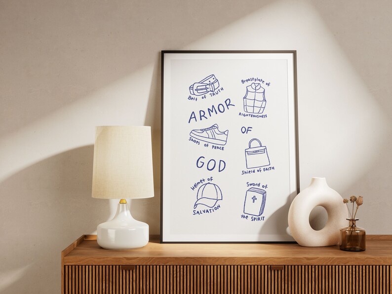 Armor of God Aesthetic Christian Wall Art Ephesians 6:10-18 Modern Bible Verse Art Print. Hand illustration pencil drawing sketch in blue. Biblical Scripture Art Simple Bible Art Christian Girl