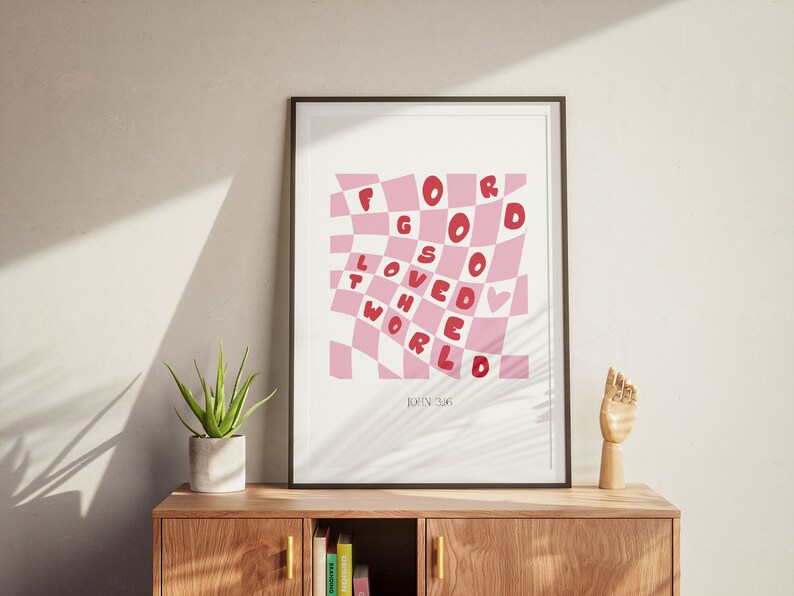 For God So Loved The World, John 3:16 Retro Groovy Christian Wall Art, Aesthetic Christian Girl Wall Art, Coquette Biblical Scripture Print