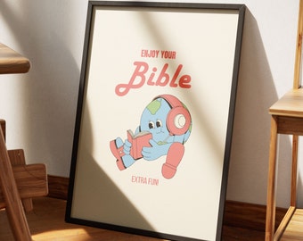 Arte mural cristiano retro, lámina "Disfruta de tu Biblia", arte mural cristiano estético vintage retro con mascota, ideal para grupos juveniles, aulas, guarderías y dormitorios.