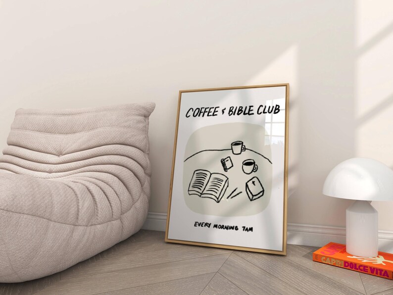 Aesthetic Christian Wall Art Coffee Bible Art Print Neutral Modern Christian Art Illustrated Retro Poster Christian Girl Faith Kitchen Decor