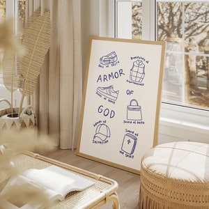 Armor of God Aesthetic Christian Wall Art Ephesians 6:10-18 Modern Bible Verse Art Print. Hand illustration pencil drawing sketch in blue. Biblical Scripture Art Simple Bible Art Christian Girl
