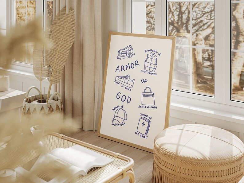 Armor of God Aesthetic Christian Wall Art Ephesians 6:10-18 Modern Bible Verse Art Print. Hand illustration pencil drawing sketch in blue. Biblical Scripture Art Simple Bible Art Christian Girl