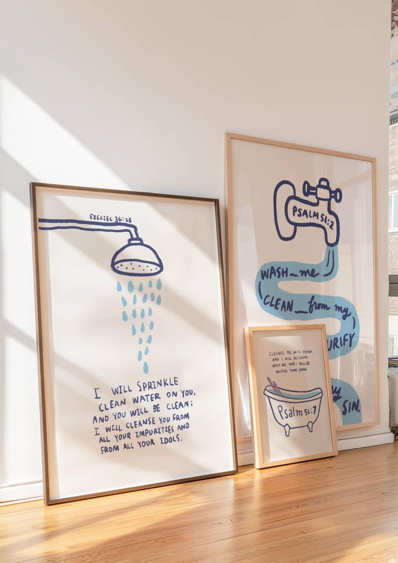 Set of 3 Trendy Christian Bathroom Wall Art Bundle, Blue Modern Bible ...