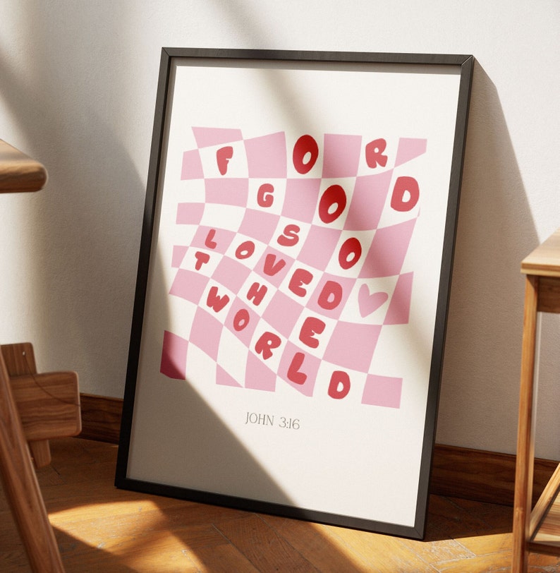 For God So Loved The World, John 3:16 Retro Groovy Christian Wall Art, Aesthetic Christian Girl Wall Art, Coquette Biblical Scripture Print