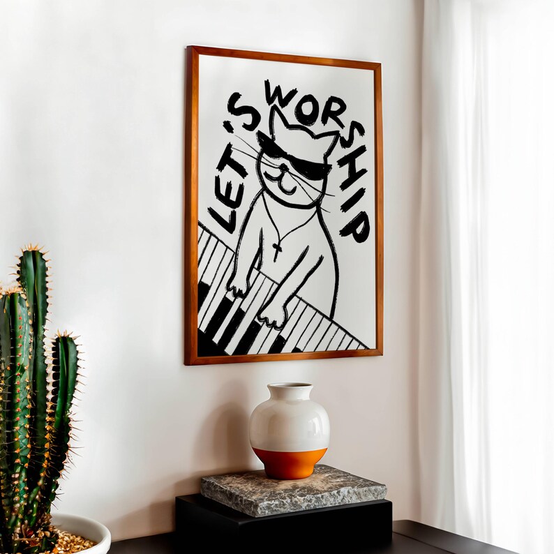 Retro Aesthetic Christian Wall Art Let's Worship Modern Christian Art Print Trendy Cat Illustration Poster Worship Leader Gift For Christian