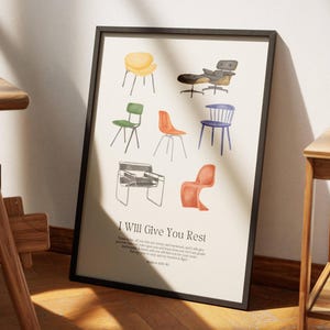 私はあなたに休息を与えます 美的キリスト教の壁アート、マタイ11:28-30 現代聖書詩アートプリント 聖書の聖句アート レトロチェアポスター