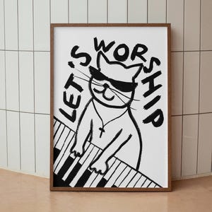 Retro Aesthetic Christian Wall Art Let's Worship Modern Christian Art Print Trendy Cat Illustration Poster Worship Leader Gift For Christian