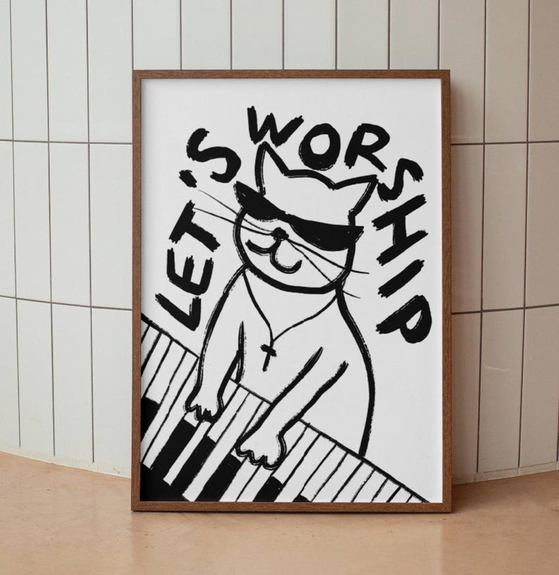 Retro Aesthetic Christian Wall Art Let's Worship Modern Christian Art Print Trendy Cat Illustration Poster Worship Leader Gift For Christian