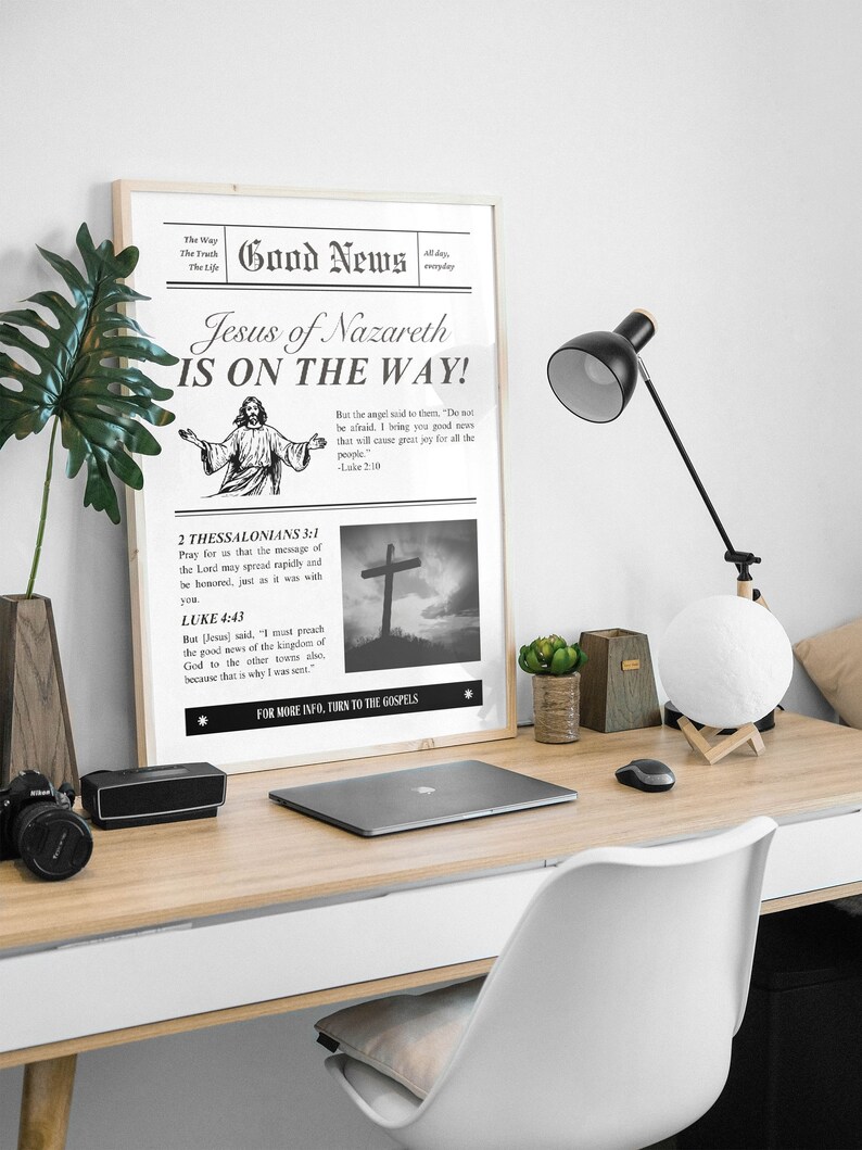 Good News Newspaper Vintage Aesthetic Christian Wall Art, Luke 2:10, 2 Thessalonians 3, Modern Bible Verse Wall Art Biblical Scripture Print