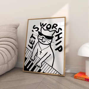 Retro Aesthetic Christian Wall Art Let's Worship Modern Christian Art Print Trendy Cat Illustration Poster Worship Leader Gift For Christian