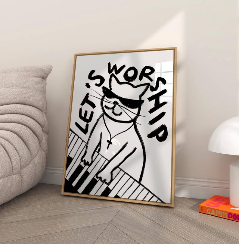 Retro Aesthetic Christian Wall Art Let's Worship Modern Christian Art Print Trendy Cat Illustration Poster Worship Leader Gift For Christian