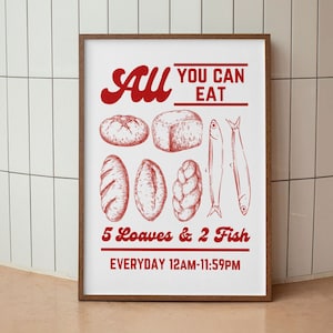 Jesus Feeds 5000, 5 Loaves Bread 2 Fish, Retro Aesthetic Christian Wall Art, All You Can Eat Poster, Matthew 14 Modern Bible Verse Art Print