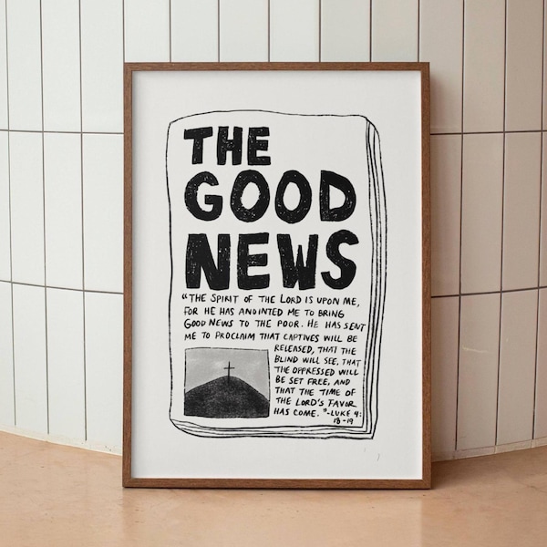 Good News Aesthetic Christian Wall Art, Luke 4:18-19 Modern Bible Verse Art Print, Neutral Biblical Scripture Poster, Jesus Gospels Wall Art