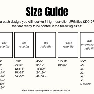 May include: A size guide graphic with the title "Size Guide" in bold black text. It lists various print sizes in inches, including 4"x6", 6"x8", 4"x5", 11"x14", and 5"x7", along with ISO sizes. The text also mentions high-resolution JPG files.