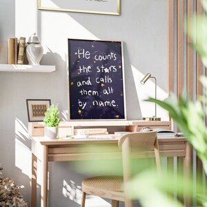 Psalm 147:4 He Counts The Stars and calls them all by name, Hand illustration Modern Bible Verse Wall Art, Aesthetic Christian Art, Biblical Scripture Art Print, Christian Bible Poster