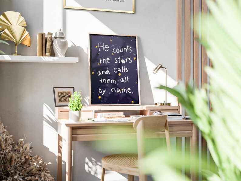 Psalm 147:4 He Counts The Stars and calls them all by name, Hand illustration Modern Bible Verse Wall Art, Aesthetic Christian Art, Biblical Scripture Art Print, Christian Bible Poster