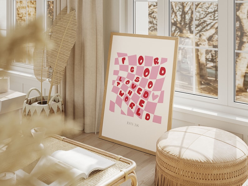 For God So Loved The World, John 3:16 Retro Groovy Christian Wall Art, Aesthetic Christian Girl Wall Art, Coquette Biblical Scripture Print