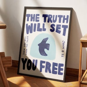 La verdad te hará libre Arte de pared cristiano estético retro Juan 8:32 Versículo de la Biblia moderna Impresión de arte Escritura bíblica azul Póster retro de pájaro
