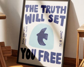 A verdade irá libertá-lo retro estética cristã arte da parede joão 8:32 moderno versículo da bíblia arte impressão azul escritura bíblica retro pássaro cartaz