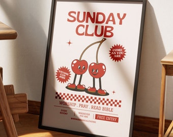 Retro Aesthetic Christian Art Modern Christian Art Printable Sunday Club Vintage Retro Mascot Youth Group Christian Nursery Coquette Cherry