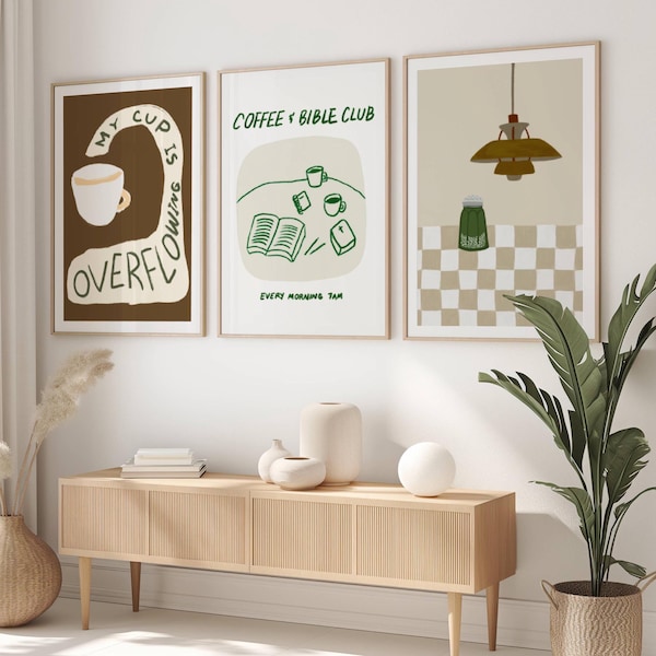 Set of 3 Aesthetic Christian Wall Art Bundle, Neutral Modern Christian Art Prints Coffee Shop Wall Art Cafe Retro Coffee Bar Decor Bible Art