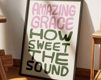 Amazing Grace Retro Aesthetic Christian Wall Art, Modern Christian Hymn Wall Art, Trendy Christian Poster Prayer Room Decor Worship Song Art