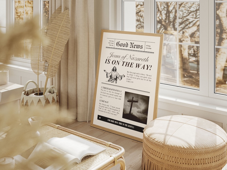 Good News Newspaper Vintage Aesthetic Christian Wall Art, Luke 2:10, 2 Thessalonians 3, Modern Bible Verse Wall Art Biblical Scripture Print