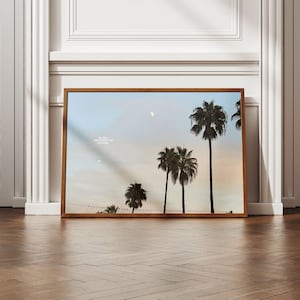 May include: A framed print featuring a light blue sky with a crescent moon. The print includes the quote: "Be still and know that I am God."  The sky is filled with palm trees.