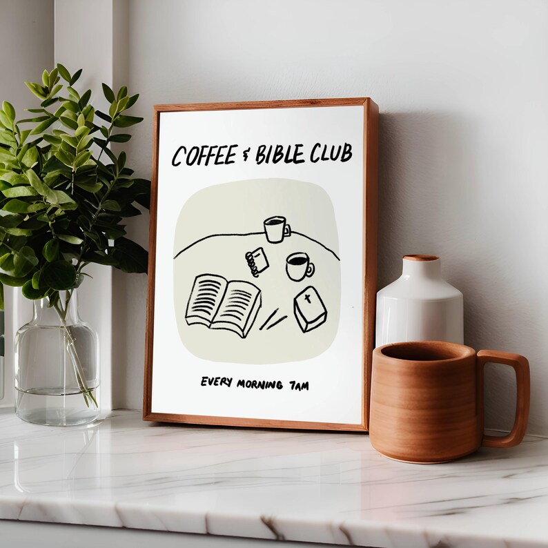Aesthetic Christian Wall Art Coffee Bible Art Print Neutral Modern Christian Art Illustrated Retro Poster Christian Girl Faith Kitchen Decor