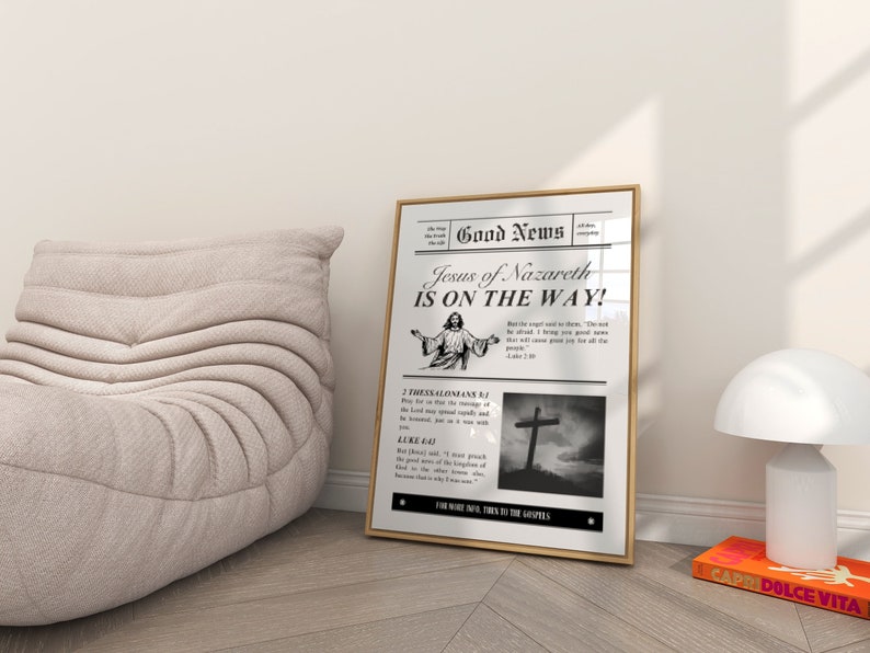 Good News Newspaper Vintage Aesthetic Christian Wall Art, Luke 2:10, 2 Thessalonians 3, Modern Bible Verse Wall Art Biblical Scripture Print