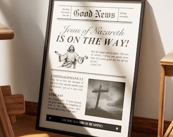 Good News Newspaper Vintage Aesthetic Christian Wall Art, Luke 2:10, 2 Thessalonians 3, Modern Bible Verse Wall Art Biblical Scripture Print