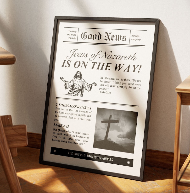 Good News Newspaper Vintage Aesthetic Christian Wall Art, Luke 2:10, 2 Thessalonians 3, Modern Bible Verse Wall Art Biblical Scripture Print