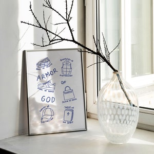 Armor of God Aesthetic Christian Wall Art Ephesians 6:10-18 Modern Bible Verse Art Print. Hand illustration pencil drawing sketch in blue. Biblical Scripture Art Simple Bible Art Christian Girl