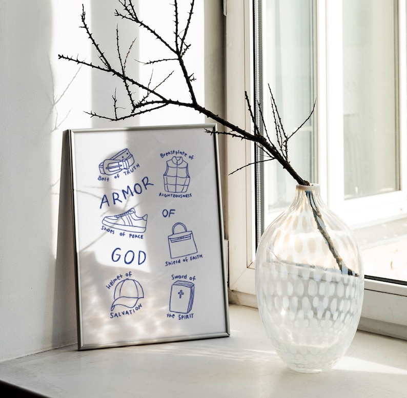 Armor of God Aesthetic Christian Wall Art Ephesians 6:10-18 Modern Bible Verse Art Print. Hand illustration pencil drawing sketch in blue. Biblical Scripture Art Simple Bible Art Christian Girl