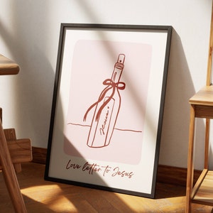 Carta de amor en una botella, arte mural cristiano estético, lazo femenino, coqueta, decoración para sala de oración, impresión de arte cristiano moderno, arte mural de Jesús rosa