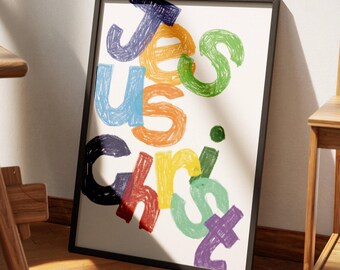 Jesus Christ Retro Aesthetic Christian Wall Art, Modern Christian Art Print, Colorful Trendy Christian Poster, Youth Alphabet Letters Poster