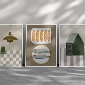 Set of 3 Aesthetic Christian Wall Art Bundle, Neutral Modern Christian Art Print Salt And Light, 5 Loaves 2 Fish, Joshua 24:15 Scripture Art