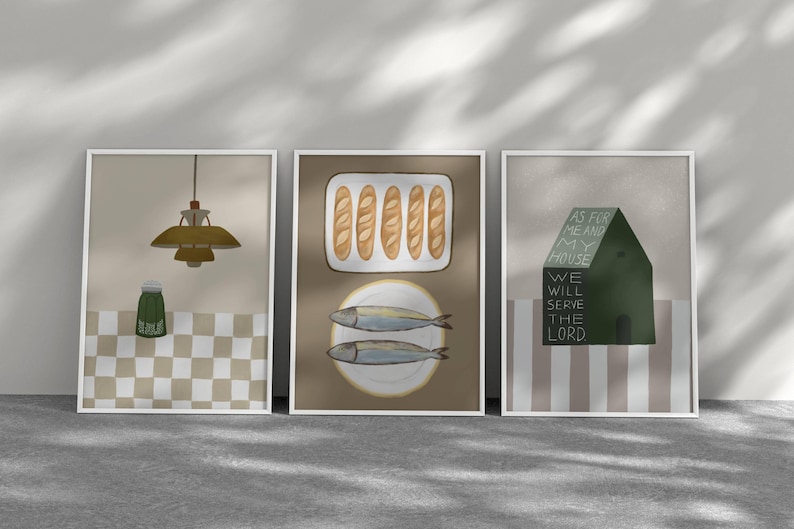 Set of 3 Aesthetic Christian Wall Art Bundle, Neutral Modern Christian Art Print Salt And Light, 5 Loaves 2 Fish, Joshua 24:15 Scripture Art