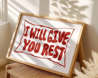 Te daré descanso, arte mural cristiano estético horizontal Mateo 11:28, versículo bíblico moderno, impresión artística, arte mural retro para dormitorio, paisaje rojo