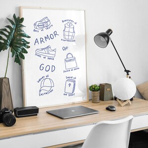 Armor of God Aesthetic Christian Wall Art Ephesians 6:10-18 Modern Bible Verse Art Print. Hand illustration pencil drawing sketch in blue. Biblical Scripture Art Simple Bible Art Christian Girl