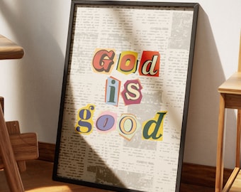 God Is Good Aesthetic Christian Wall Art, Newspaper Scrapbook Print Modern Christian Art Colorful Christian Poster Vintage Biblical Wall Art
