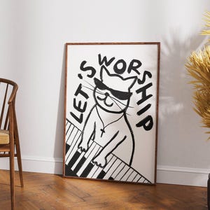 Retro Aesthetic Christian Wall Art Let's Worship Modern Christian Art Print Trendy Cat Illustration Poster Worship Leader Gift For Christian