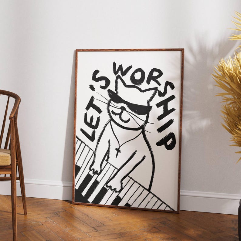 Retro Aesthetic Christian Wall Art Let's Worship Modern Christian Art Print Trendy Cat Illustration Poster Worship Leader Gift For Christian