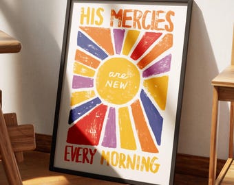 His Mercies Are New Retro Aesthetic Christian Wall Art, Lamentations 3:23 Modern Bible Verse Art Print, Colorful Biblical Scripture Art Sun