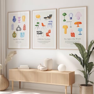 May include: Three framed prints with colourful illustrations of vases, chairs, and lamps. The prints have the titles "You Are The Potter", "I Will Give You Rest", and "The Light of the World".