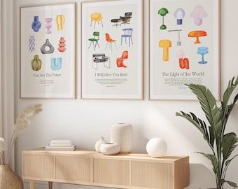 Set of 3 Aesthetic Christian Wall Art Bundle, Modern Christian Art Prints, Retro Chairs Lamps Poster, Matthew Biblical Scripture Art Isaiah