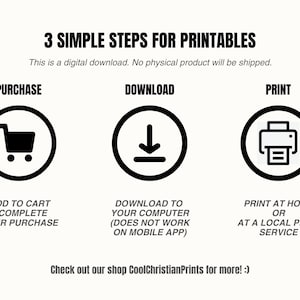 May include: A graphic with three steps for printable downloads: purchase, download, and print. The graphic includes icons for a shopping cart, a download arrow, and a printer. The text says "This is a digital download. No physical product will be shipped."