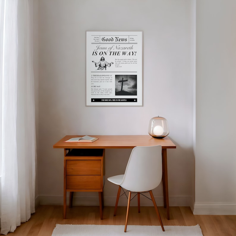 Good News Newspaper Vintage Aesthetic Christian Wall Art, Luke 2:10, 2 Thessalonians 3, Modern Bible Verse Wall Art Biblical Scripture Print