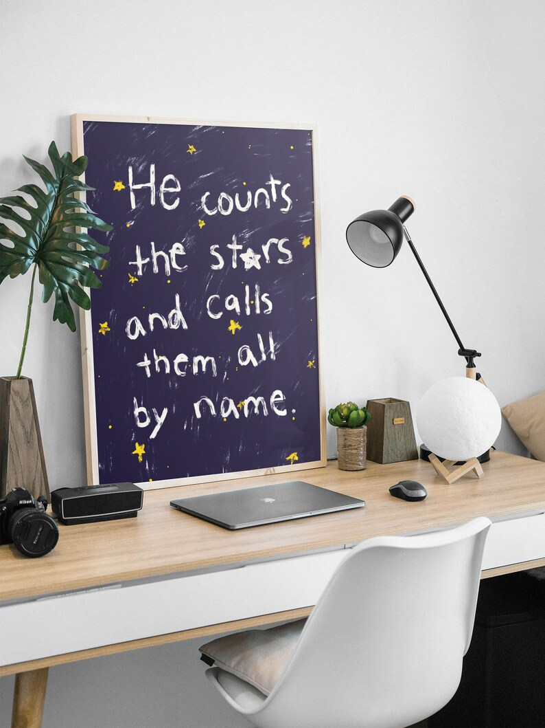 Psalm 147:4 He Counts The Stars and calls them all by name, Hand illustration Modern Bible Verse Wall Art, Aesthetic Christian Art, Biblical Scripture Art Print, Christian Bible Poster